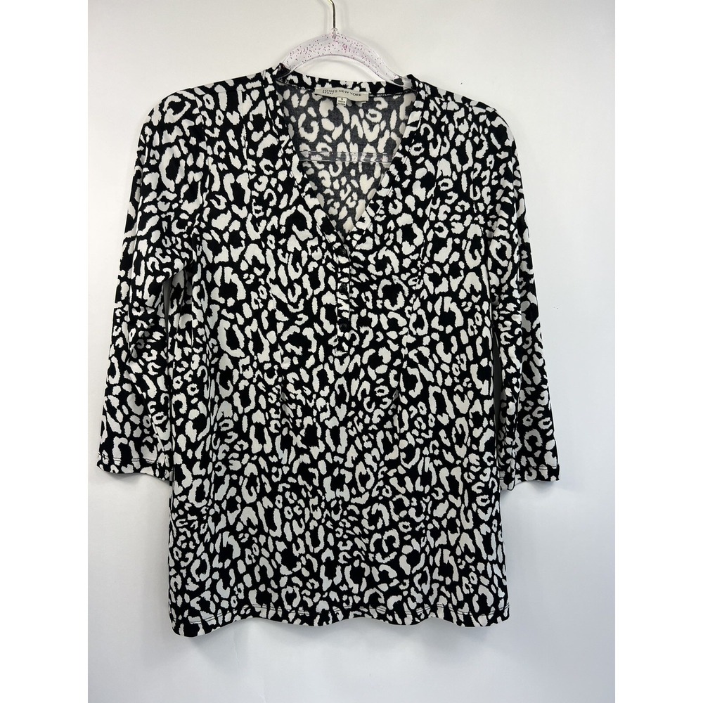 Jones New York Womens Size S Black and White Print Blouse 3/4 Sleeves 1/4 Button